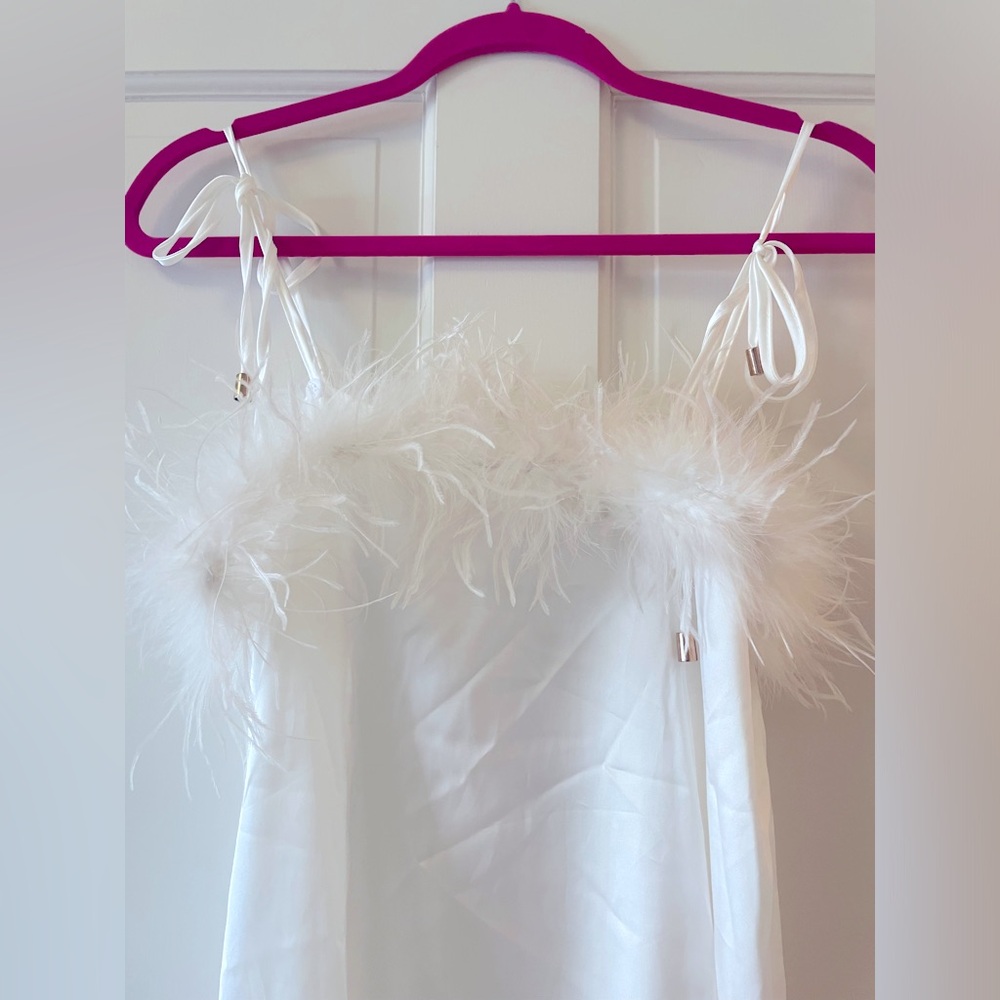 NWT! Nasty Gal Feather Trim Satin Nighty Slip Dress in White - Picture 7 of 11